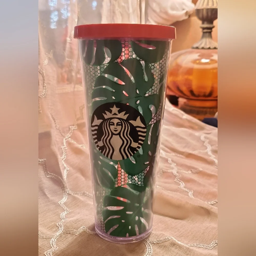 Starbucks Venti Green Leaf Cold Tumbler with Red Lid (No Straw)